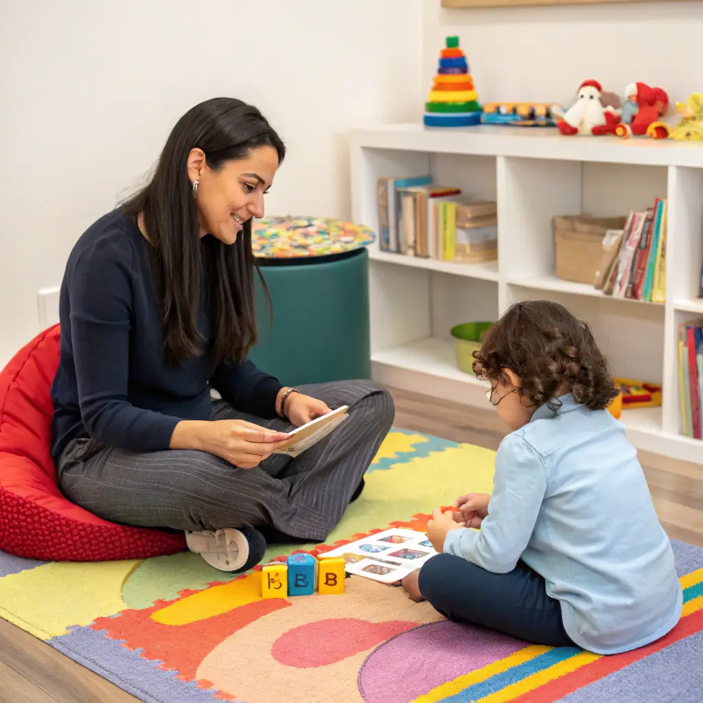 A therapist working with a child during a home-based neuro-rehabilitation session, focusing on a specific exercise to improve motor skills. The setting is a comfortable living room environment.