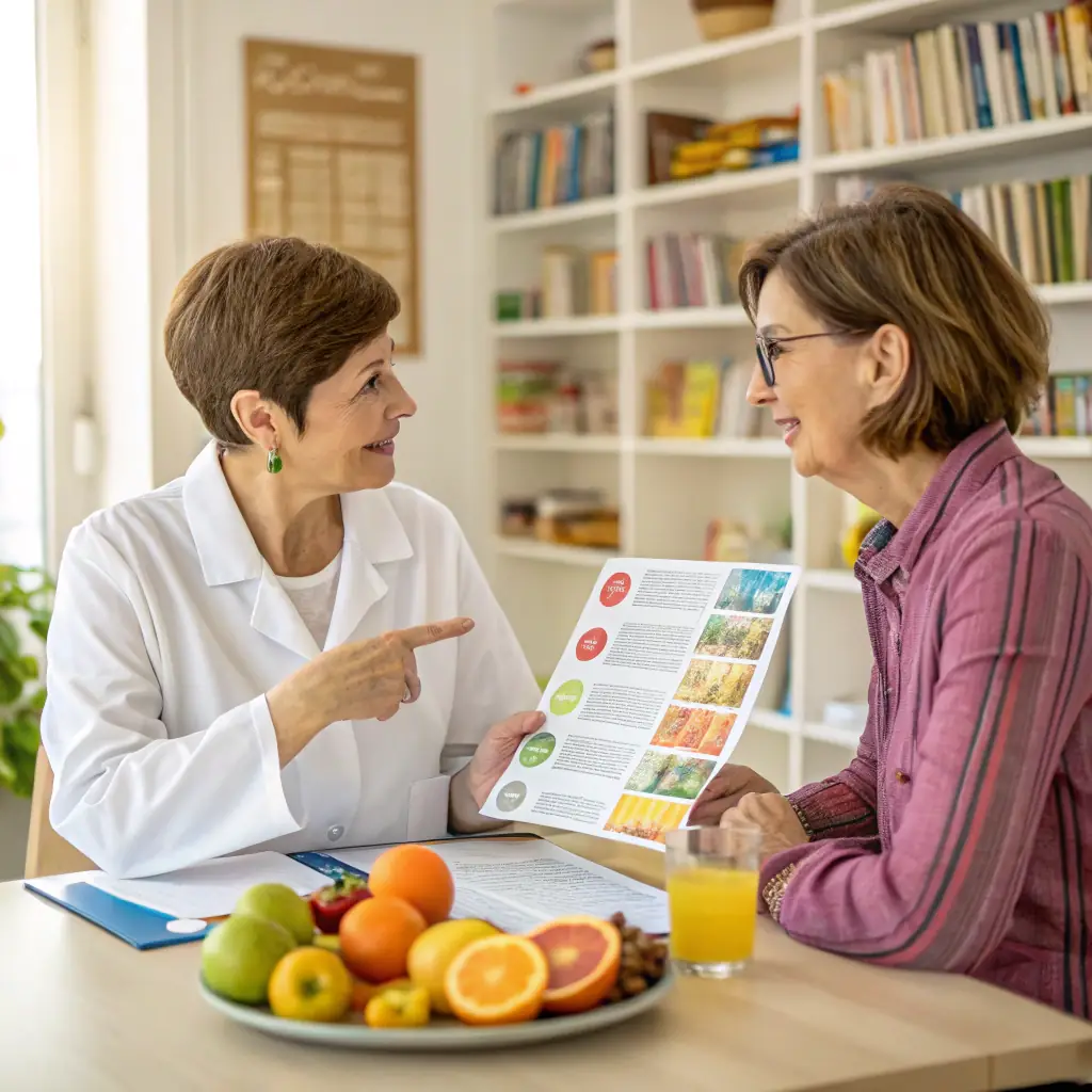 A nutritionist consulting with a client, reviewing a personalized care plan, with healthy food options visible in the background, emphasizing a supportive and informative environment.