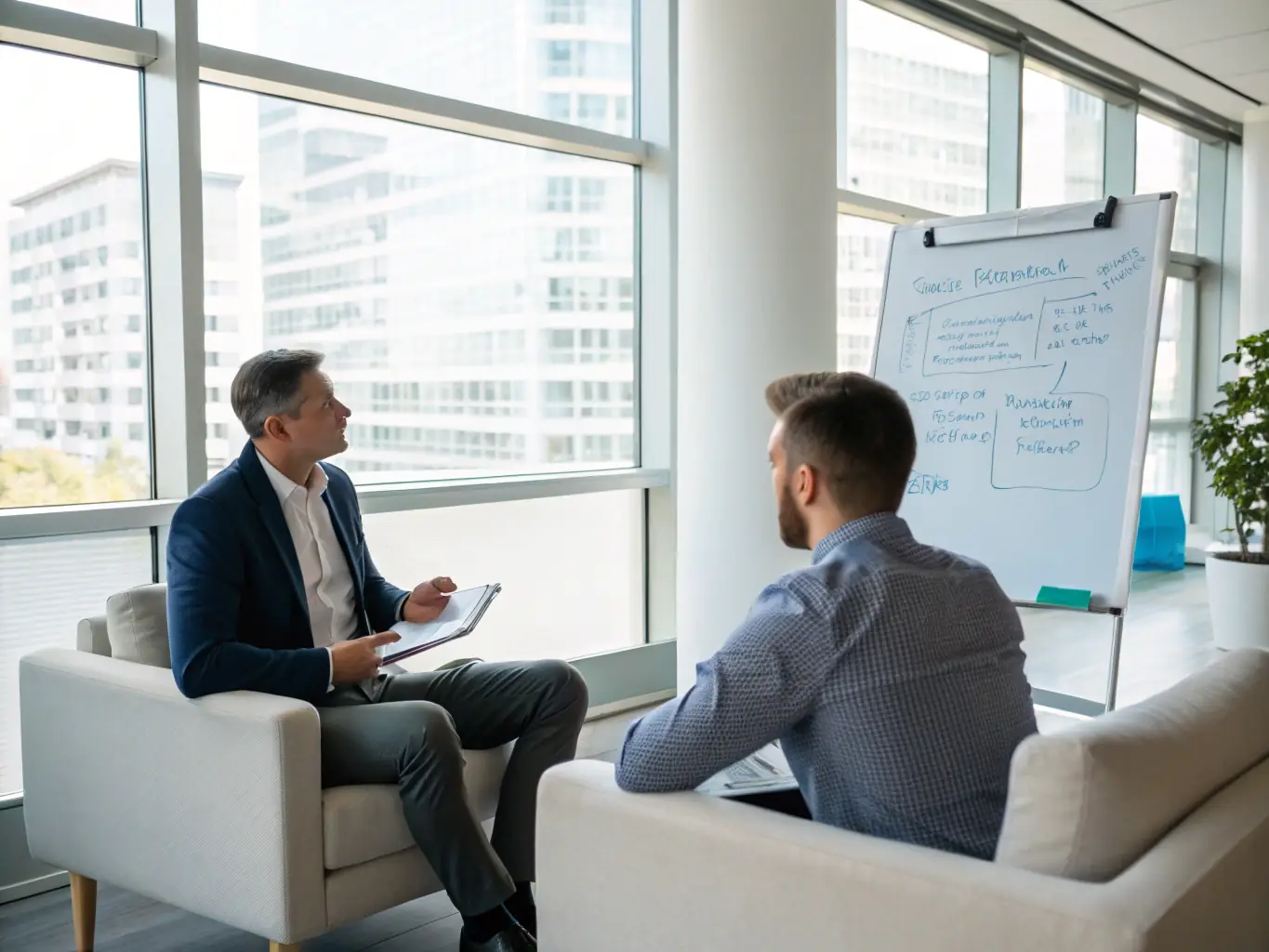 A coach helping an employee to achieve his goals in a company. The coach is giving advice to the employee.