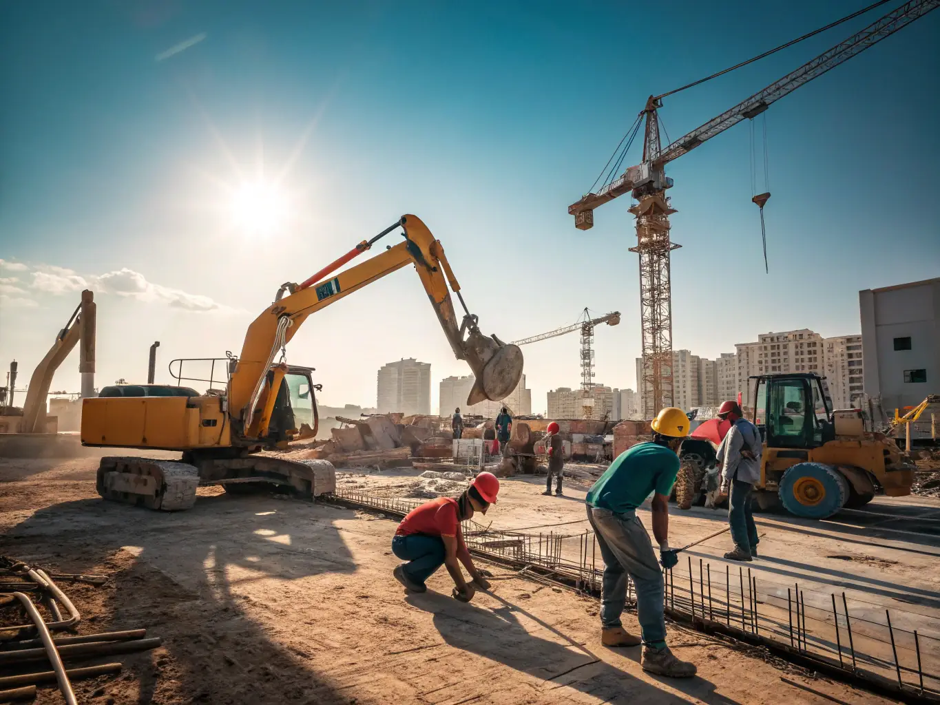 A construction site with workers and heavy machinery. The sky is clear and the sun is shining.