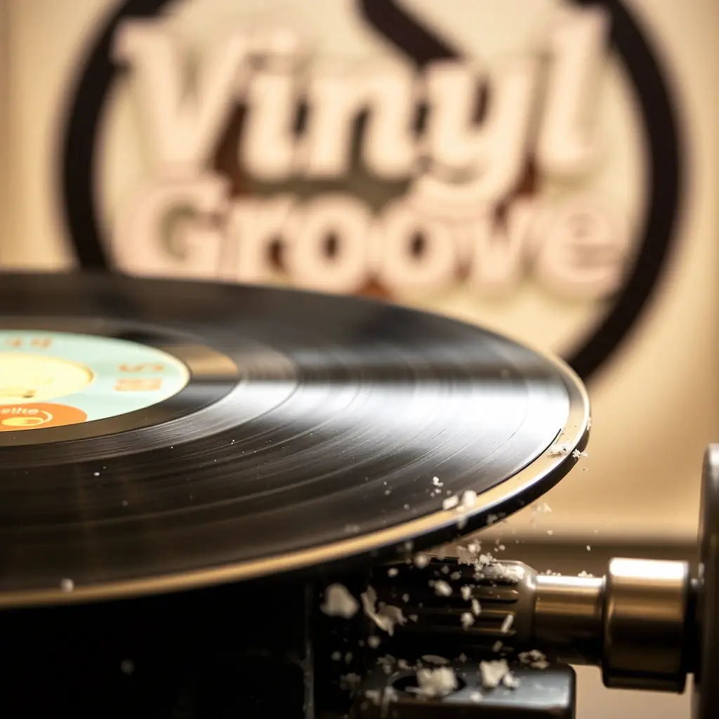 A close-up shot of a vinyl record being cut on a lathe, showcasing the precision and craftsmanship involved in the process. The Vinyl Groove logo is subtly visible in the background.