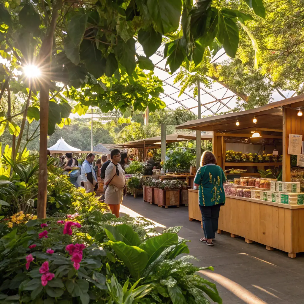 A modern, clean image of a vibrant, eco-friendly food market with fresh produce and sustainable packaging, emphasizing innovation and sustainability in food sourcing
