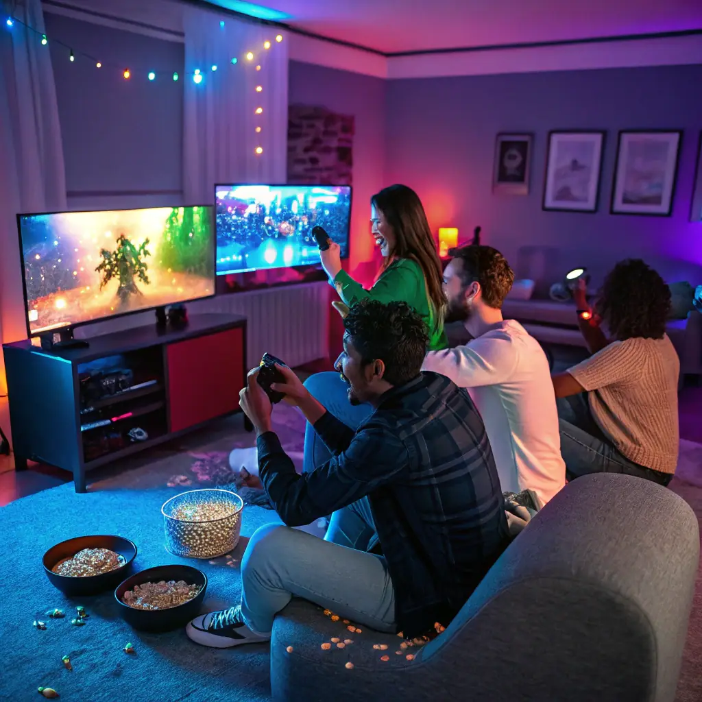 a vibrant team photo of Skins Monkey members in a gaming setup, with colorful lighting and gaming paraphernalia, representing their passion for gaming and skins
