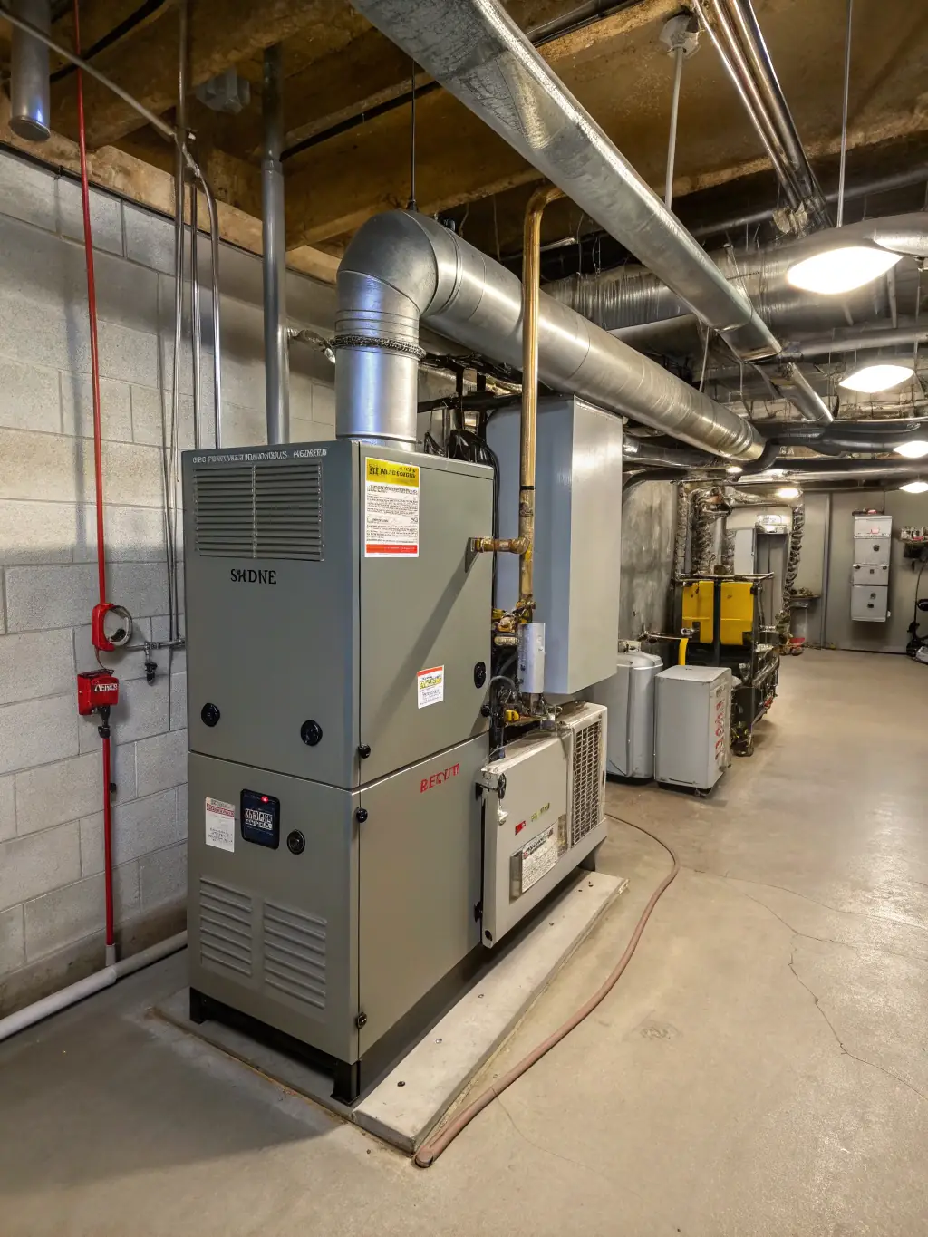 A biomass boiler installed in a commercial building, showcasing the efficient combustion process and the use of sustainable biomass fuel for heating.