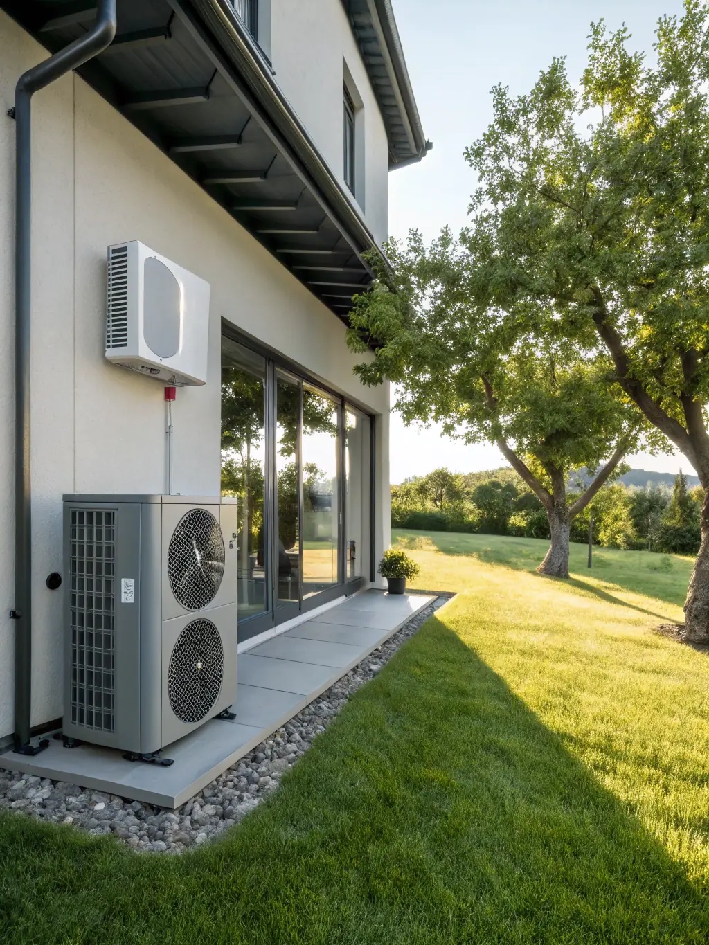 A modern air source heat pump installed outside a residential home, with a focus on the sleek design and integration with the building's architecture, highlighting energy efficiency.