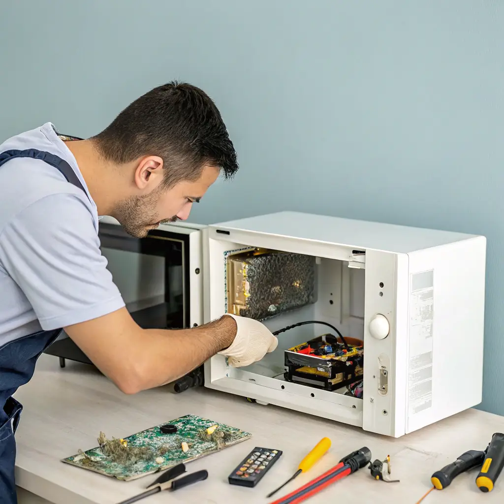 A technician repairing an over-the-range microwave in a modern kitchen, showcasing the repair process and the appliance's location above the stove.