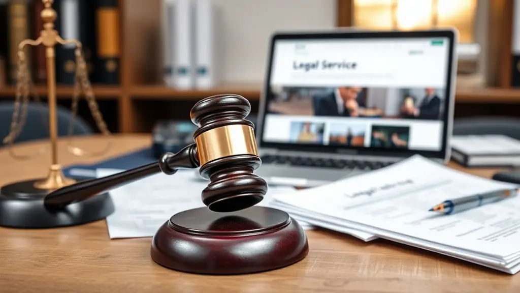 A professional workspace with legal documents and templates displayed on a computer screen, symbolizing trust and efficiency in legal services