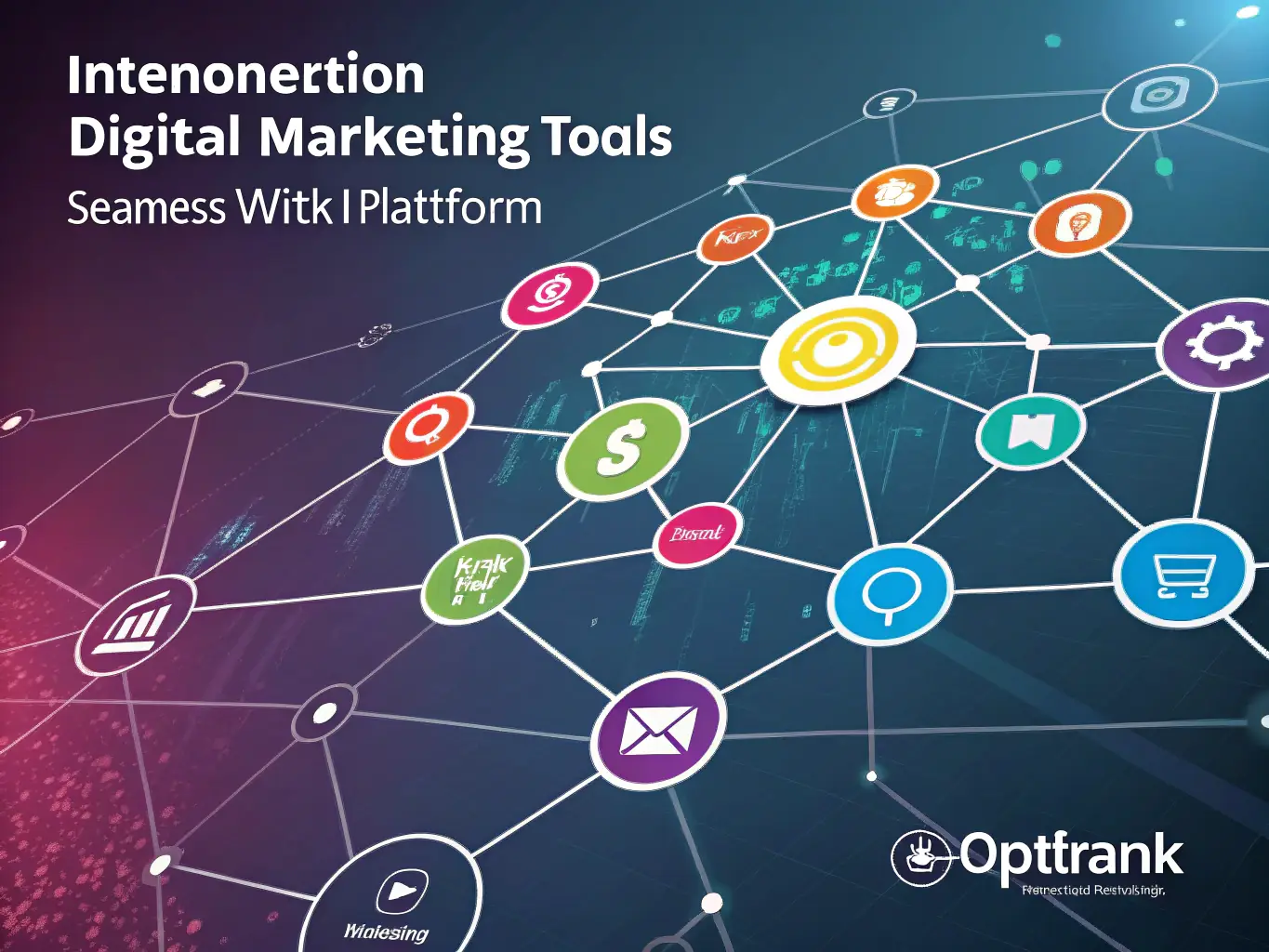 A digital illustration depicting a central hub with connections radiating outwards to various social media platforms, search engines, and online marketplaces, symbolizing Omegacube's comprehensive digital marketing reach.