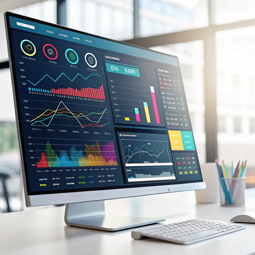 A dynamic image showcasing a futuristic dashboard with AI-generated insights, visualizing data trends and marketing performance metrics for a business in Johannesburg. The image should convey innovation and data-driven decision-making.