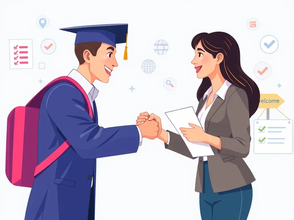 A digital illustration showing a handshake between a graduate and an employer, with onboarding documents and support icons in the background, symbolizing the final hiring and onboarding stage.
