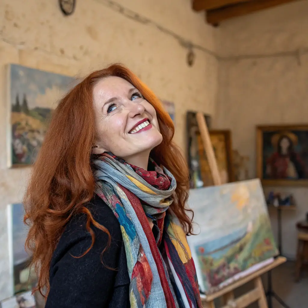 Cécile has vibrant red hair and a keen eye for detail.