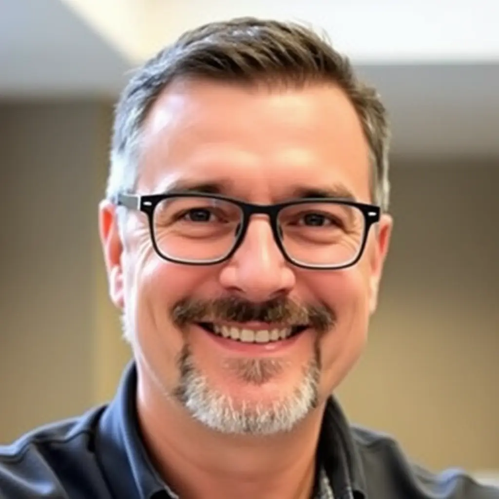 Jean-Pierre has a neatly trimmed beard and wears glasses.