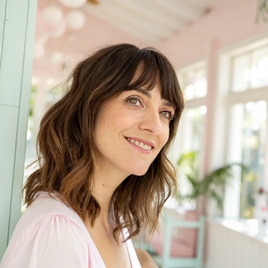 Isabelle has curly brown hair and a warm, inviting smile.