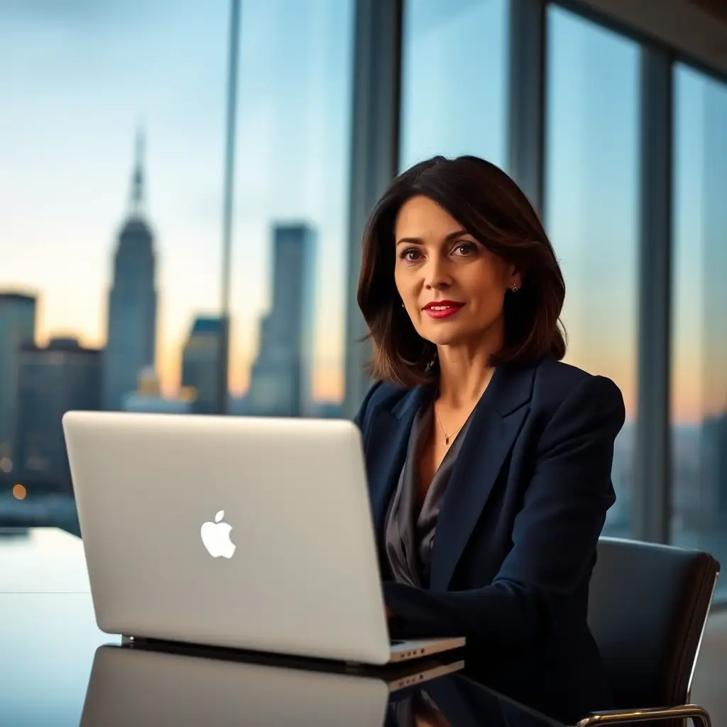 A professional female fertility consultant in her late 30s, wearing a navy blazer and silk blouse, sitting at a modern executive desk, speaking to a client through a laptop video call. The office has floor-to-ceiling windows with a city skyline at dusk.