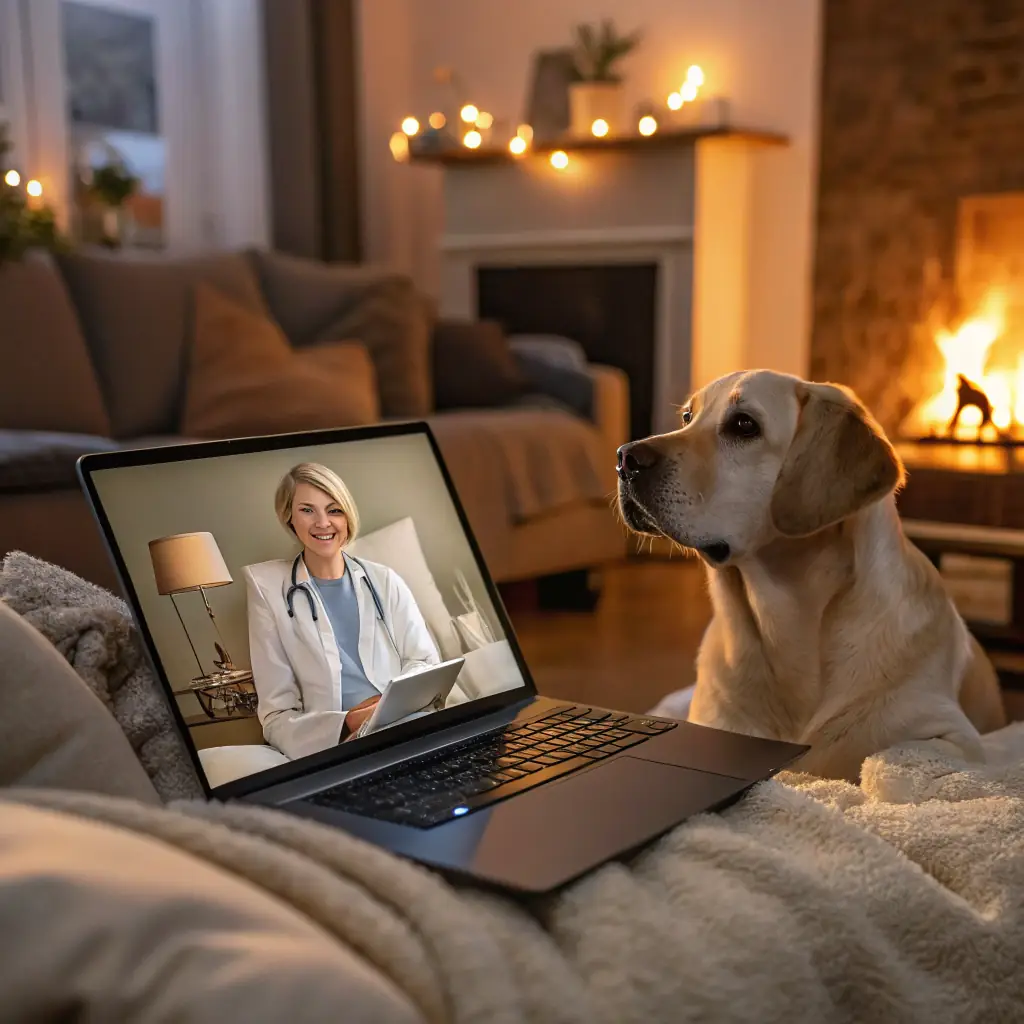 a friendly veterinarian consulting a happy dog via video call, with pet care tools and a cozy home background, digital art style