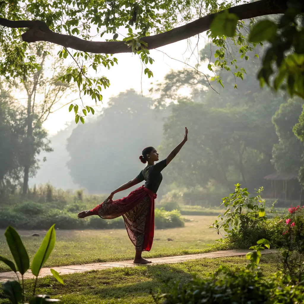 A serene image of a Mohiniyattam dancer in a white and gold saree, gracefully performing a mudra (hand gesture) against a backdrop of swaying palm trees and a tranquil Kerala backwater.