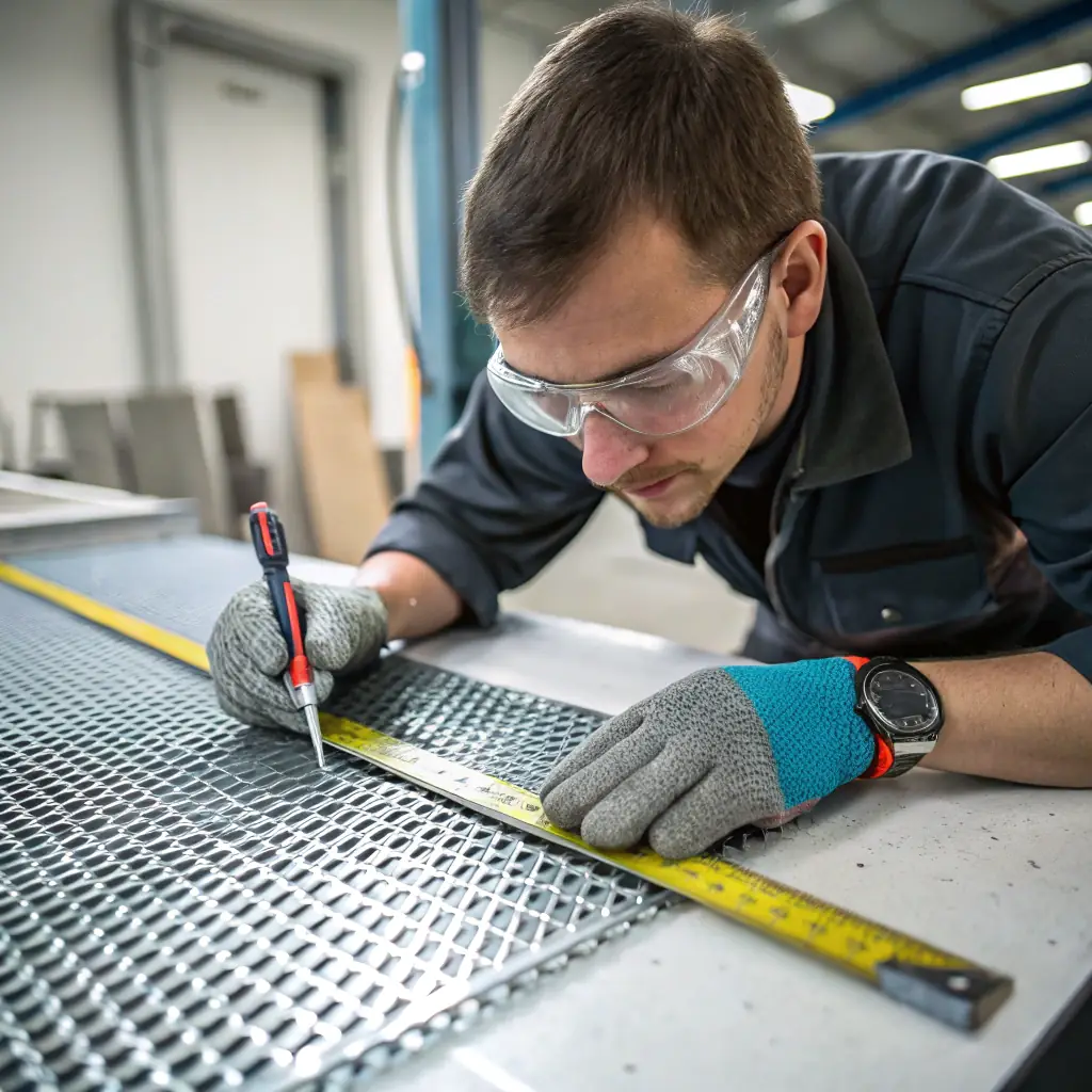 A detailed close-up shot of a MutualMetal quality control inspector using a precision measurement tool on a metal product, with a focus on the inspector's focused expression and the high-tech equipment. The background should feature a clean, modern manufacturing environment.
