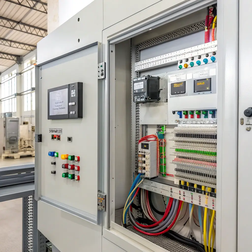 A modern industrial control panel, showcasing its intricate wiring and components, set against the backdrop of a busy industrial plant. The image should convey precision, reliability, and technological advancement.