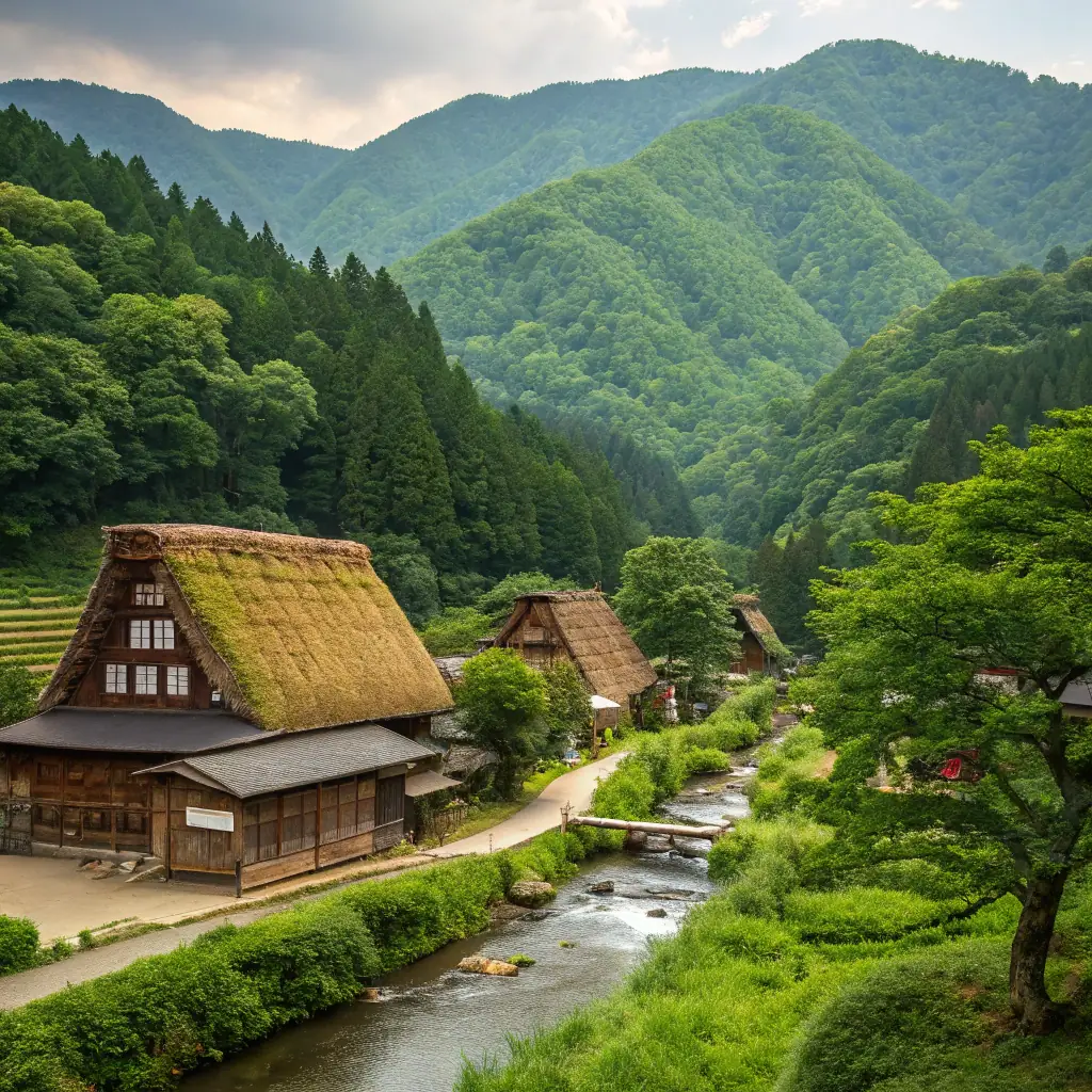 A scenic view of a traveler standing on a hill overlooking a traditional Japanese village in Kyushu, with lush green rice fields and mountains in the background. The traveler is smiling and appears to be enjoying the view. The image should convey a sense of adventure and discovery.