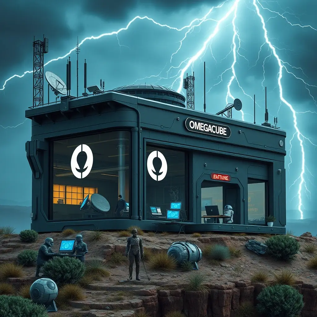 A futuristic, high-tech bunker on a hilltop at Knights Bluff, Texas, with R2-D2 and OmegaCube logos prominently displayed. Social Media Management gurus are inside, working at computers, with satellite dishes and internet connections visible. Lightning strikes in the background, symbolizing the power of SMM.