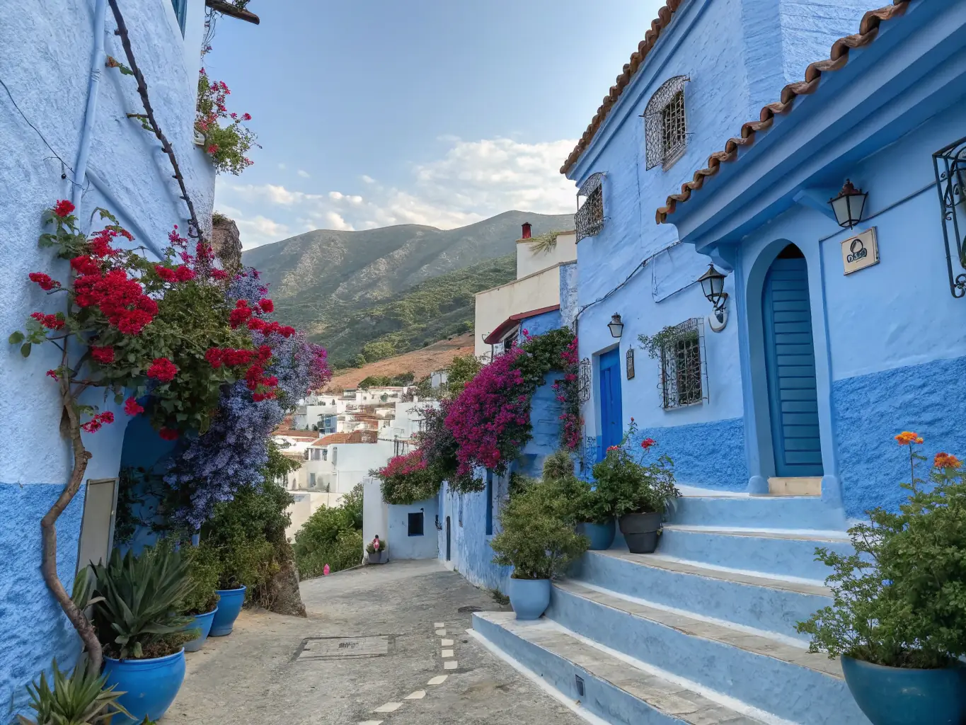 A panoramic view of Chefchaouen, showcasing its blue-washed buildings nestled in the Rif Mountains, with tourists exploring the vibrant streets. Capture the essence of the city's unique charm and cultural richness.