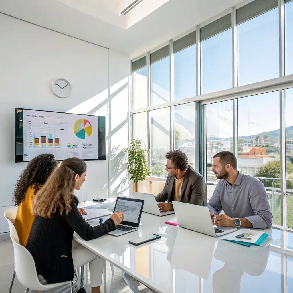 A supportive, diverse group of professionals engaged in a positive discussion in a modern office, with one person confidently leading the conversation, symbolizing empowerment and overcoming workplace bullying. This image will be used to illustrate the impact of personal development tools.
