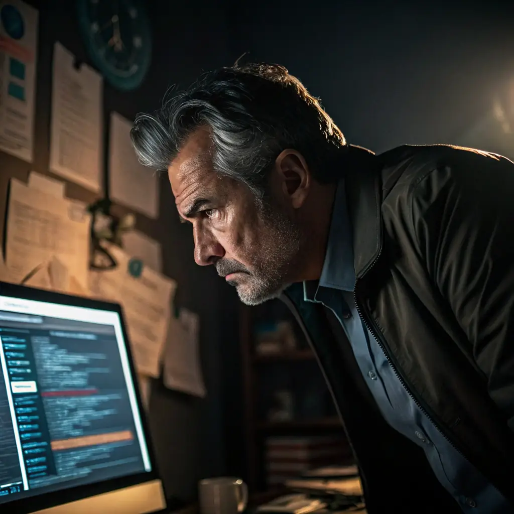 A private investigator analyzing digital data on a computer screen, focusing on tracing a Coinbase scam, with a concerned expression.