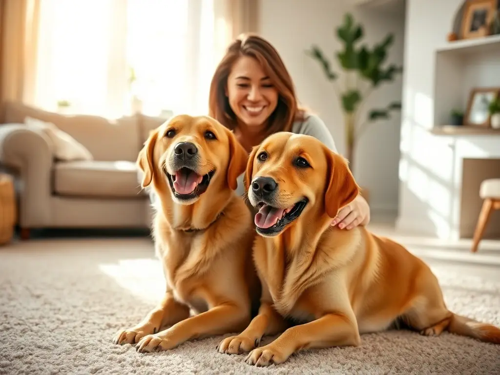 A happy Labrador Retriever being petted by a smiling woman in a home environment, showcasing the bond between a foster dog and its foster parent.
