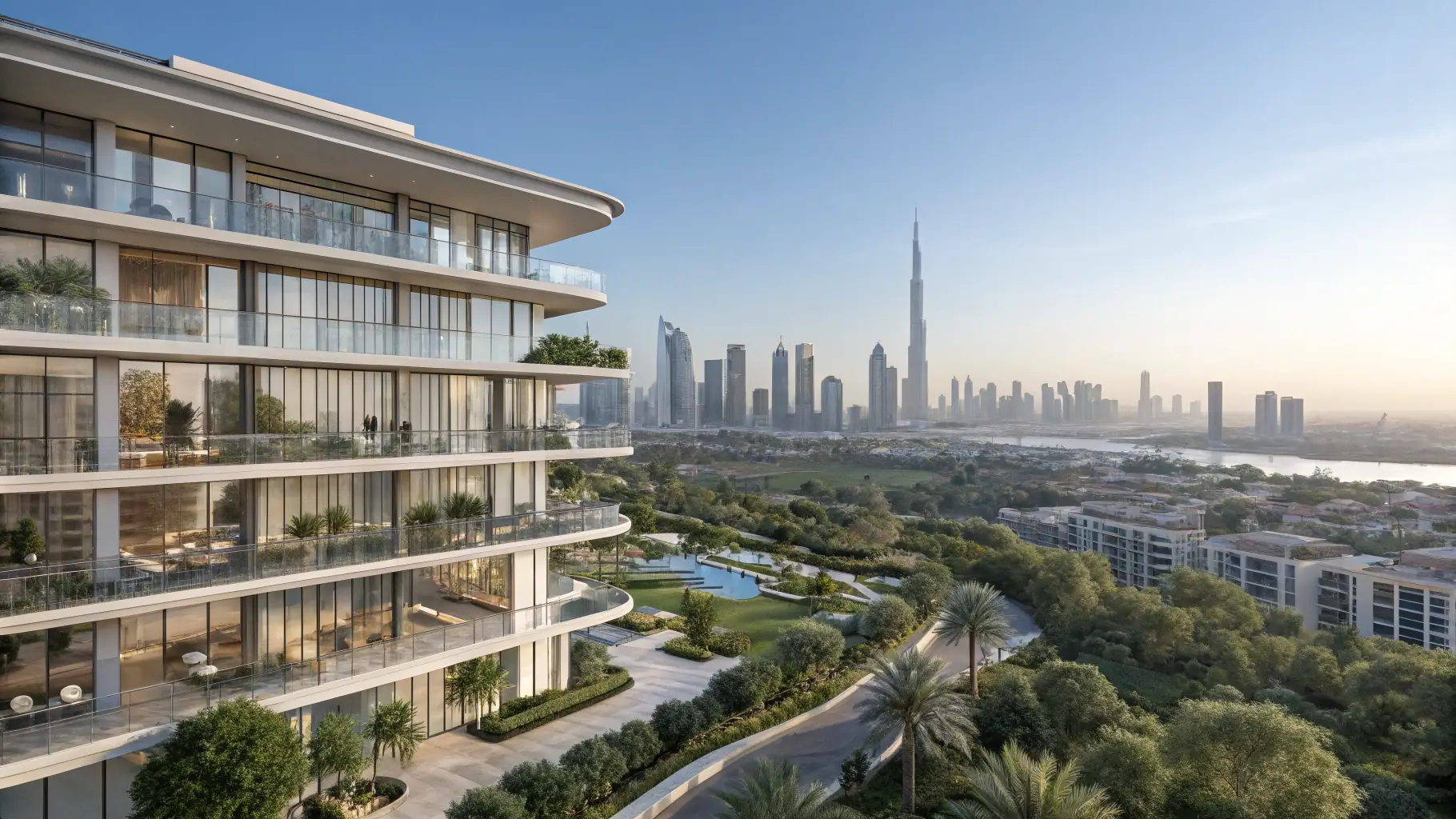A modern luxury apartment building in Dubai with floor-to-ceiling windows and a view of the city skyline.