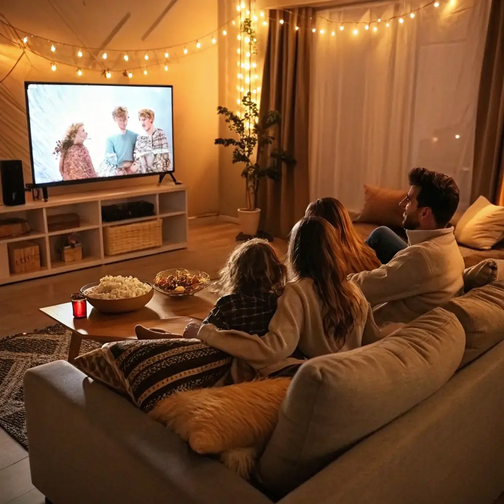 A family enjoying seamless video streaming and online gaming in their living room, showcasing the benefits of Home Town Internet's reliable and fast broadband connection. The image should convey a sense of happiness and connectivity.
