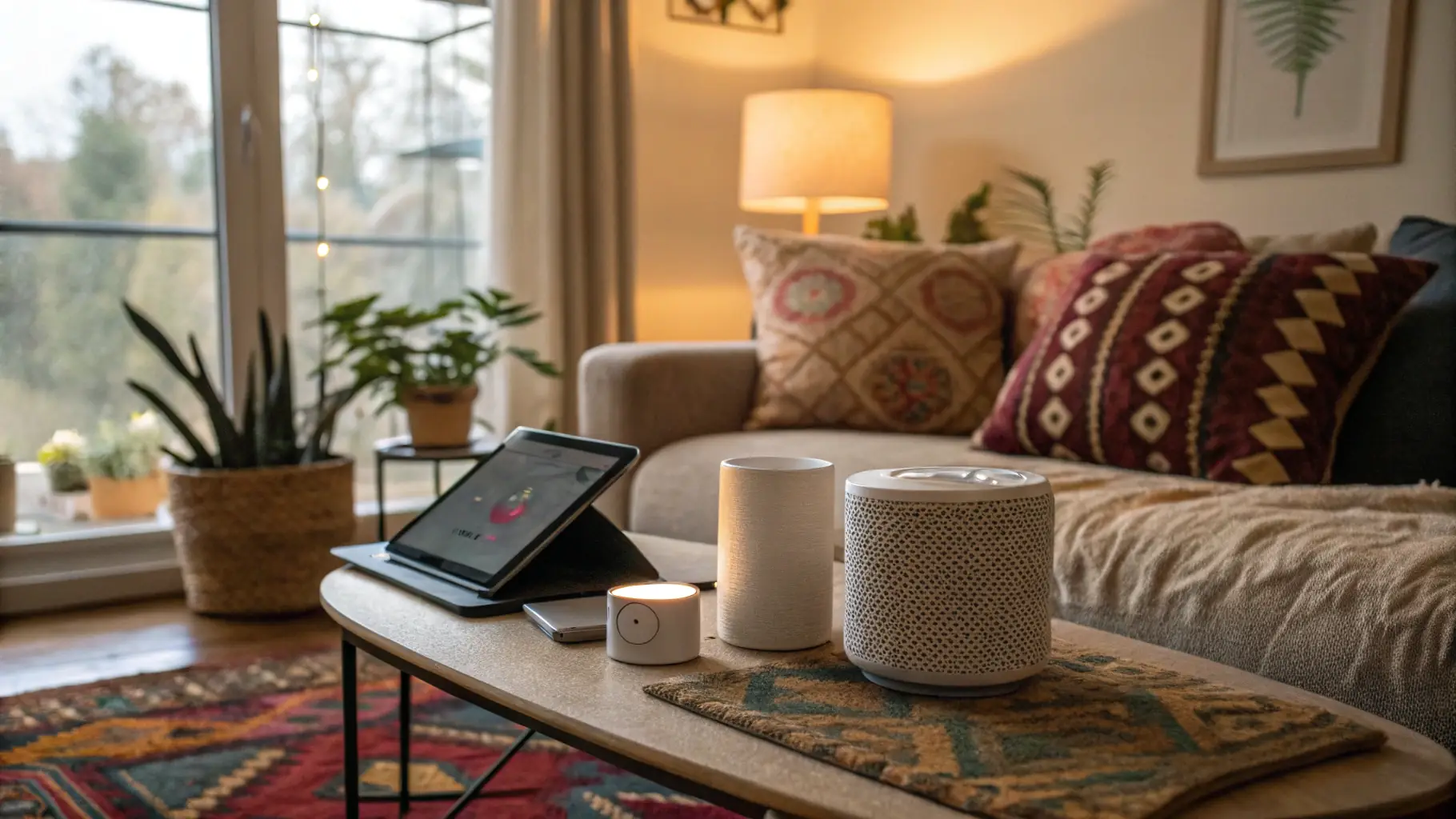 A cozy, inviting image of ergonomic chairs, sleep gadgets, and wellness products arranged in a modern home setting
