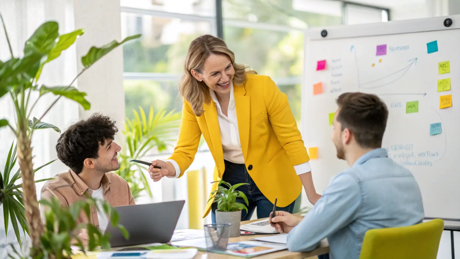 A business coach giving advice to a young entrepreneur in a modern office setting. The coach is pointing at a whiteboard with business strategies written on it.