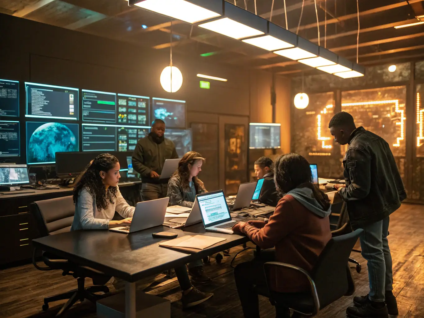 A diverse group of students collaborating on a cybersecurity project, showcasing a vibrant and supportive community vibe.