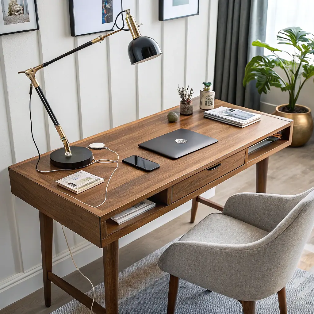 A minimalist desk setup featuring a Modern Montessori desk mat, a sleek lamp, and a few carefully selected Montessori toys, all arranged to create a clean and inspiring workspace. The image should convey a sense of calm and focus.