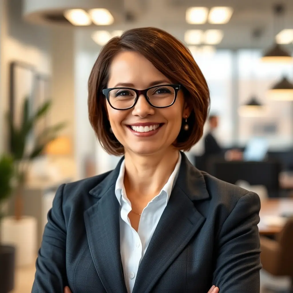 A confident woman in a dark gray suit and glasses smiling warmly in a modern office.