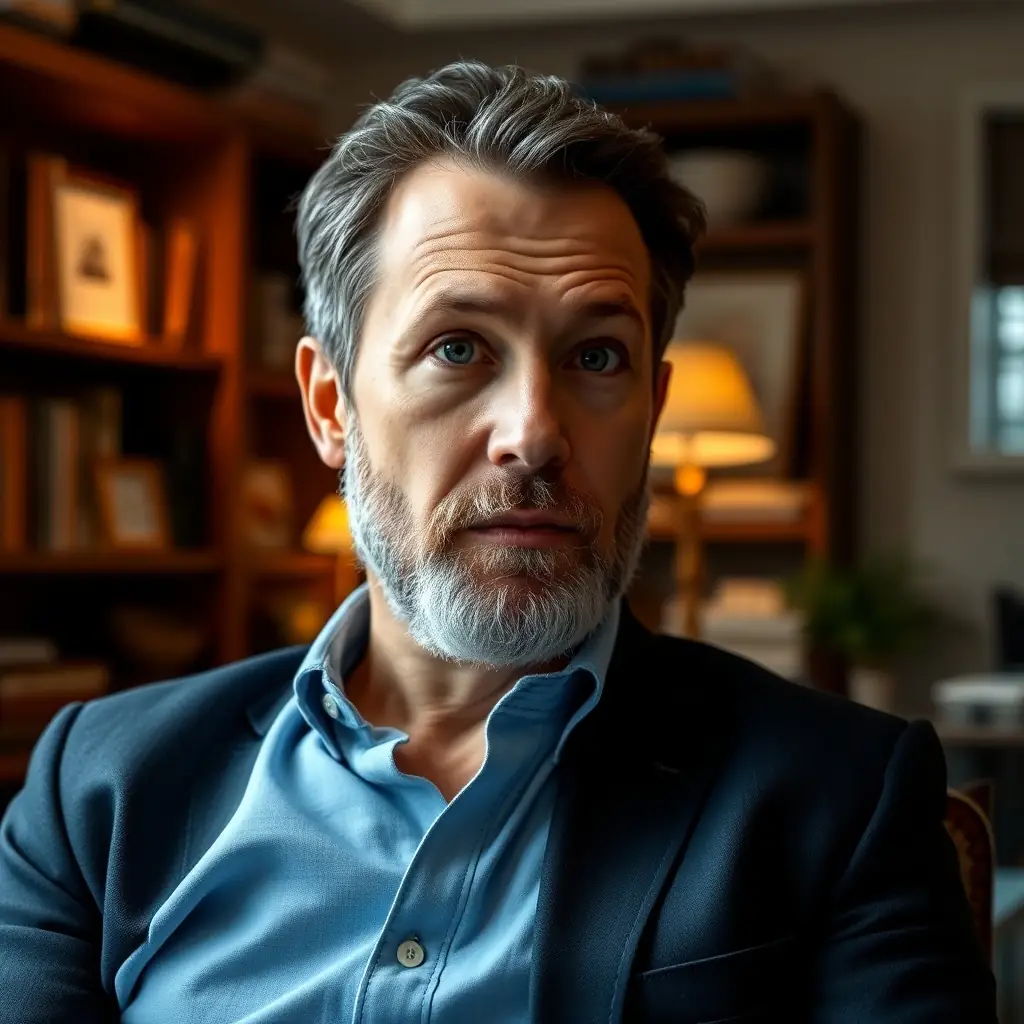 A middle-aged man in a light blue shirt and dark blazer looking thoughtfully into the camera in a cozy office.