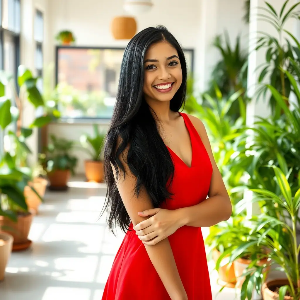 A young woman in a vibrant red dress exuding confidence in a bright room filled with plants.