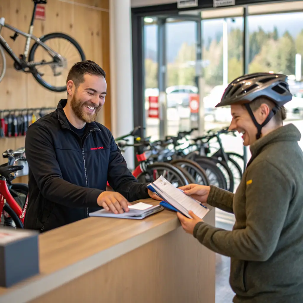 A friendly eBikeEco employee helping a customer choose the right electric bike in a bright, modern store setting. The focus is on trust and expertise.