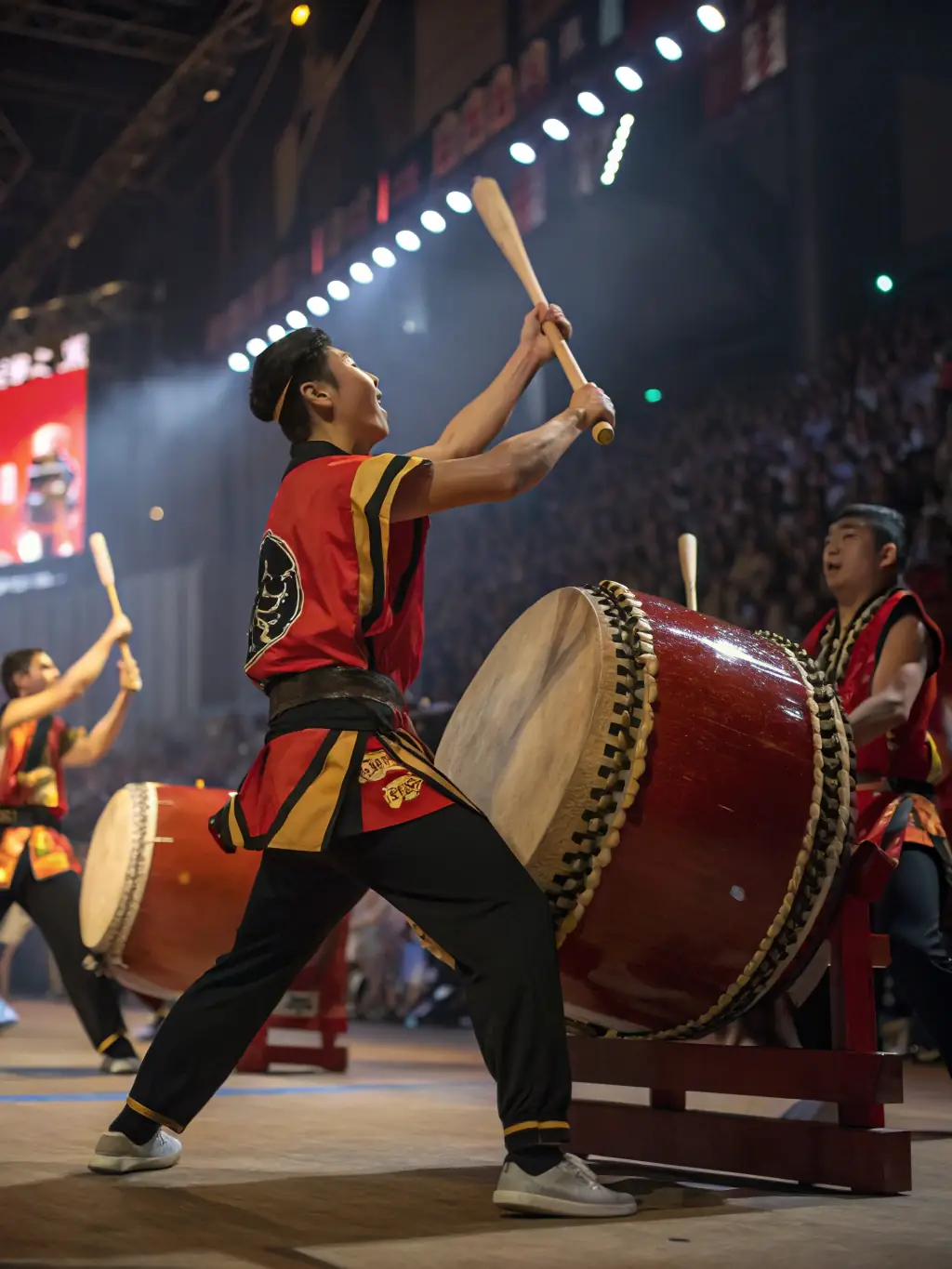 A vibrant photograph capturing a dynamic taiko drumming performance at Japan Days, showcasing the energy and rhythm of the traditional art form.