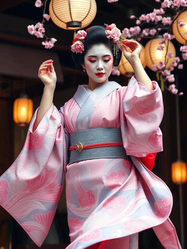 A colorful image of traditional Japanese dancers in ornate kimonos performing a classical dance at Japan Days, emphasizing grace and cultural heritage.