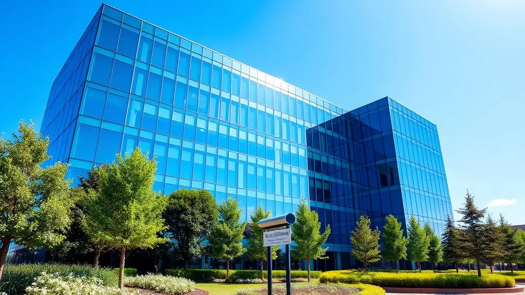 A modern office building with glass windows and a blue sky in the background.