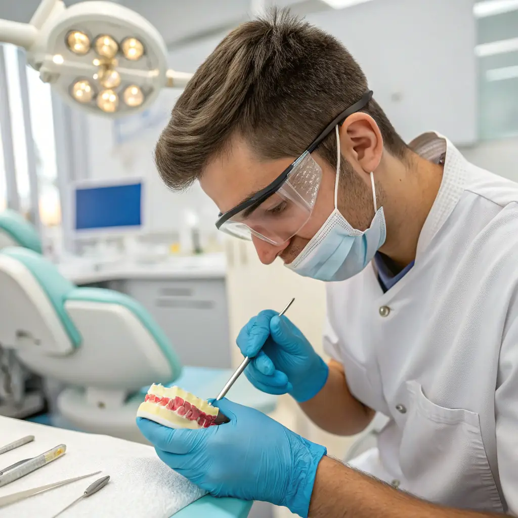 A close-up shot of a dentist carefully applying a filling to a patient's tooth, showcasing the precision and care involved in the procedure. The image should convey a sense of trust and professionalism.