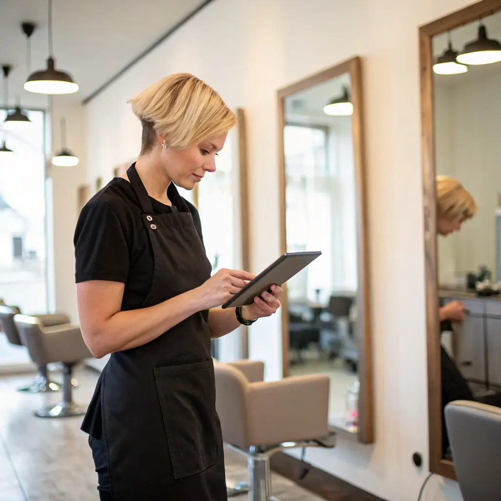 A modern hair salon interior with a stylist consulting a client using a tablet, representing digital tools and online audits for salons.