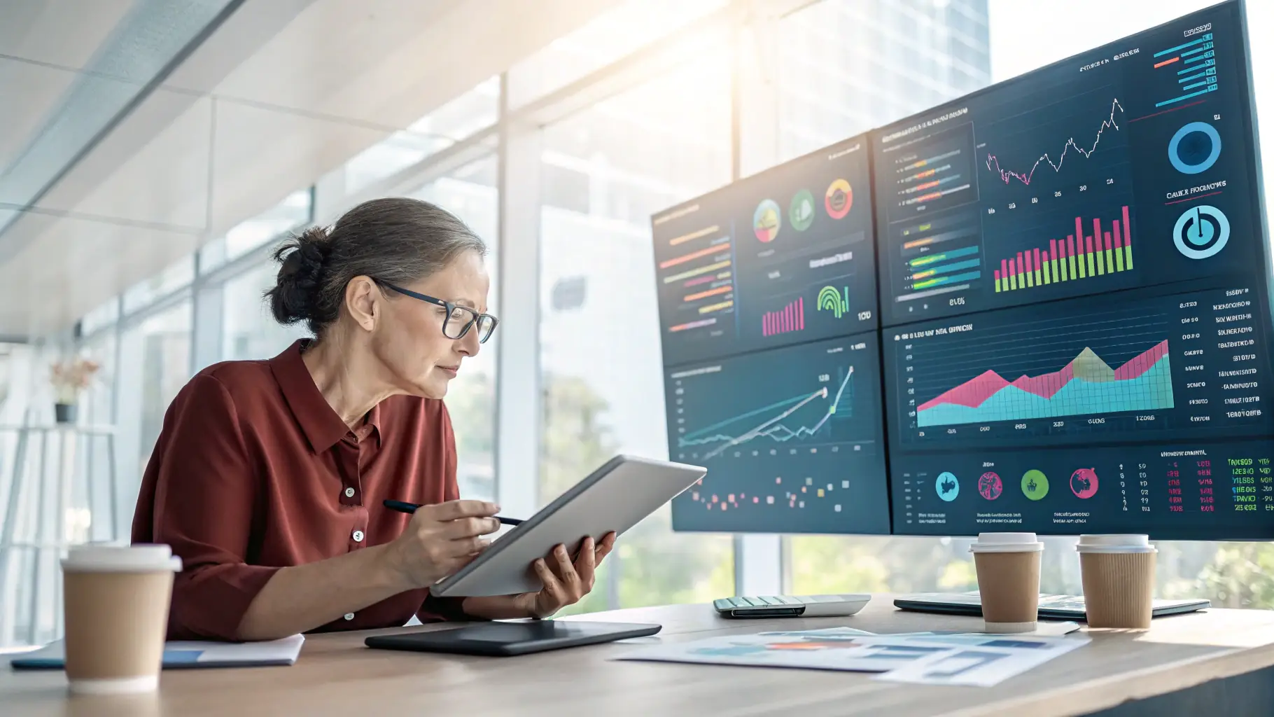 A clean, professional illustration depicting business efficiency and growth, showcasing upward trending graphs and streamlined processes.