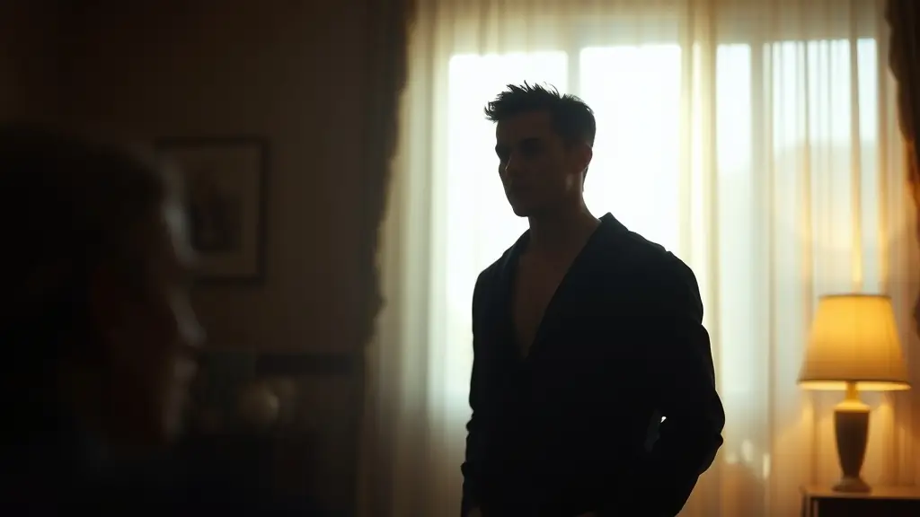 Blurred still frame from an indie film, showcasing a dramatic scene with soft lighting.