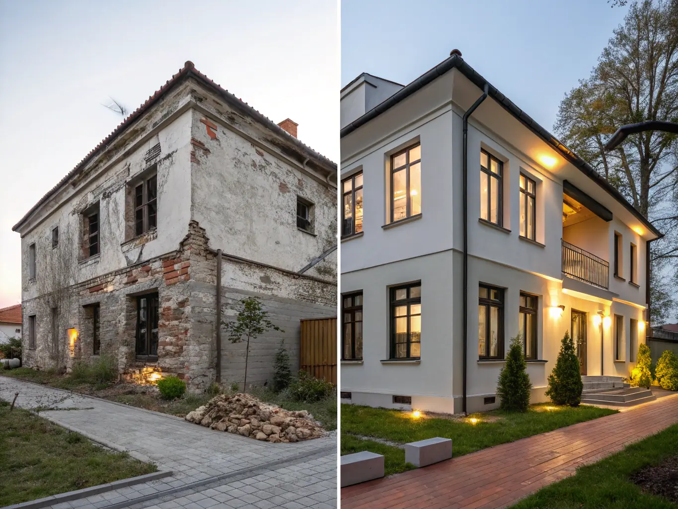 A split image showing 'Before' and 'After' views of a property undergoing restoration, highlighting the improvements made to maximize its market value for sale.