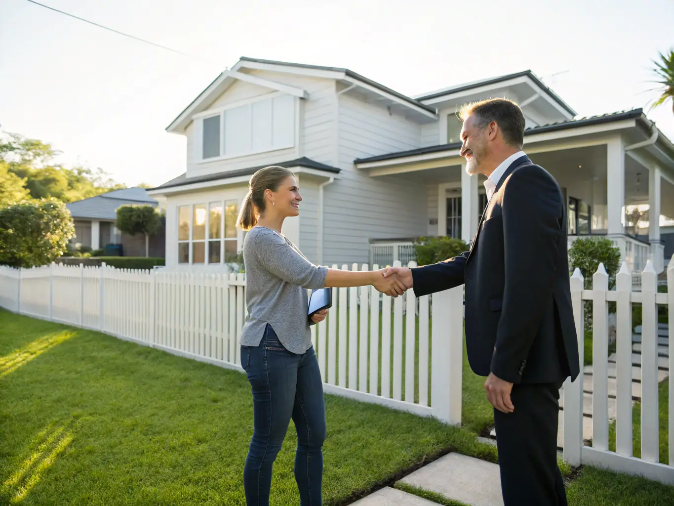 A professional real estate agent standing in front of a well-maintained house, shaking hands with a client, symbolizing a successful property sale during a divorce settlement.