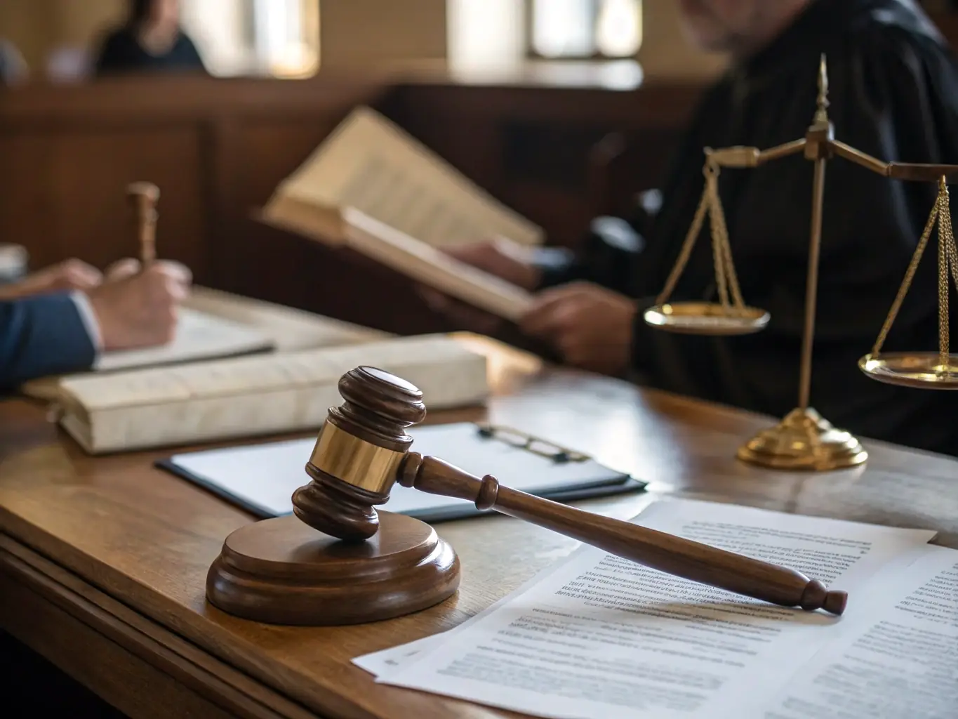 A judge's gavel resting on a stack of legal documents related to probate, with a blurred background of a courtroom, representing the legal aspects of probate property sales.