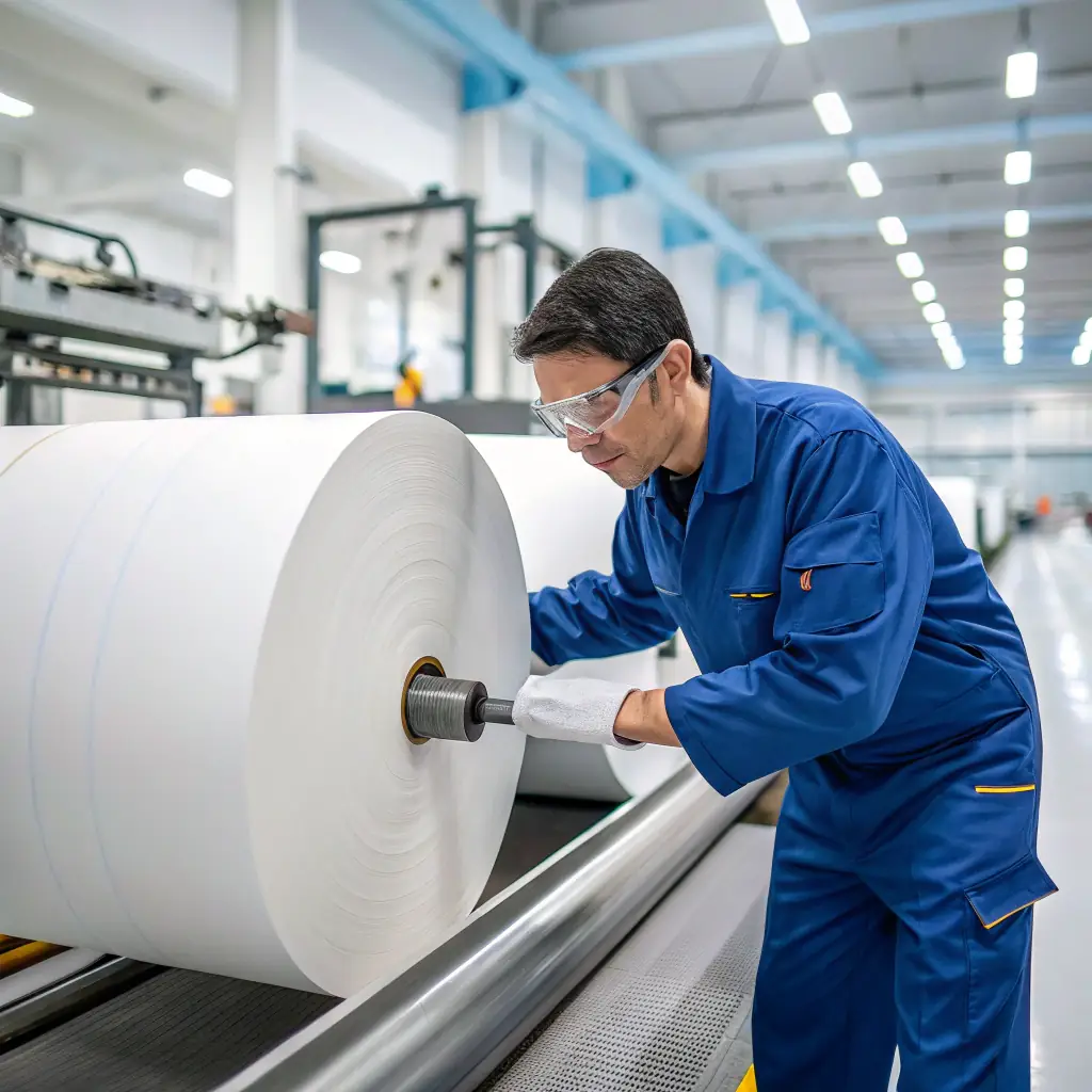 A high-resolution photo of a technician in a modern industrial facility inspecting wire mesh with calipers, surrounded by metal products and quality control equipment, in a clean, well-lit environment with metallic and blue accents.
