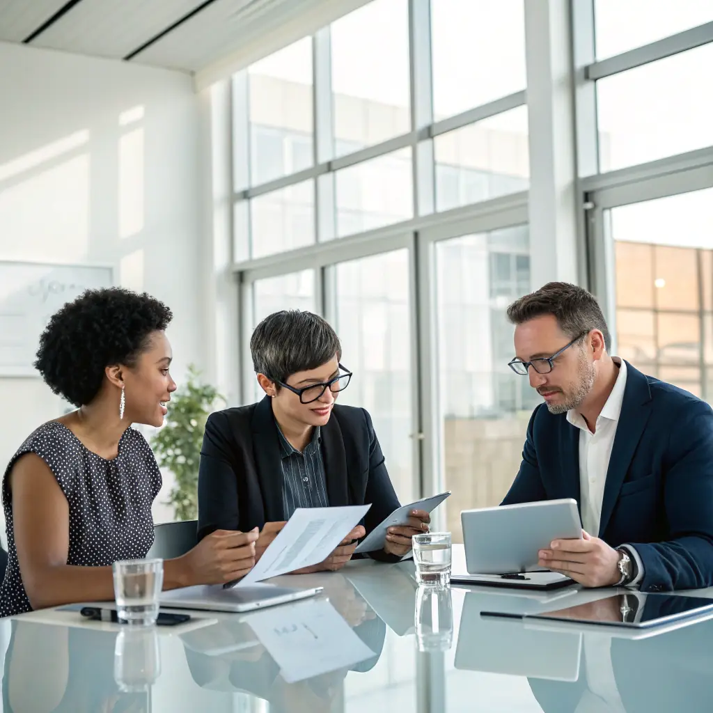 A diverse group of professionals collaborating around a table, reviewing documents and discussing strategies, symbolizing the collaborative effort in brand strategy for transactions and alliances.